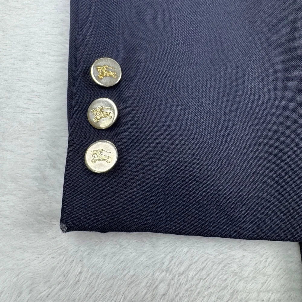 Burberrys Wool Blazer Mens 46 Navy Blue Gold Crest Button Vintage Sport Coat